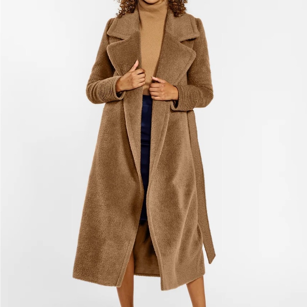 SENTALER Bouclé Alpaca Long Notched Collar Wrap Coat Dark Camel XS Never Worn - Picture 2 of 12